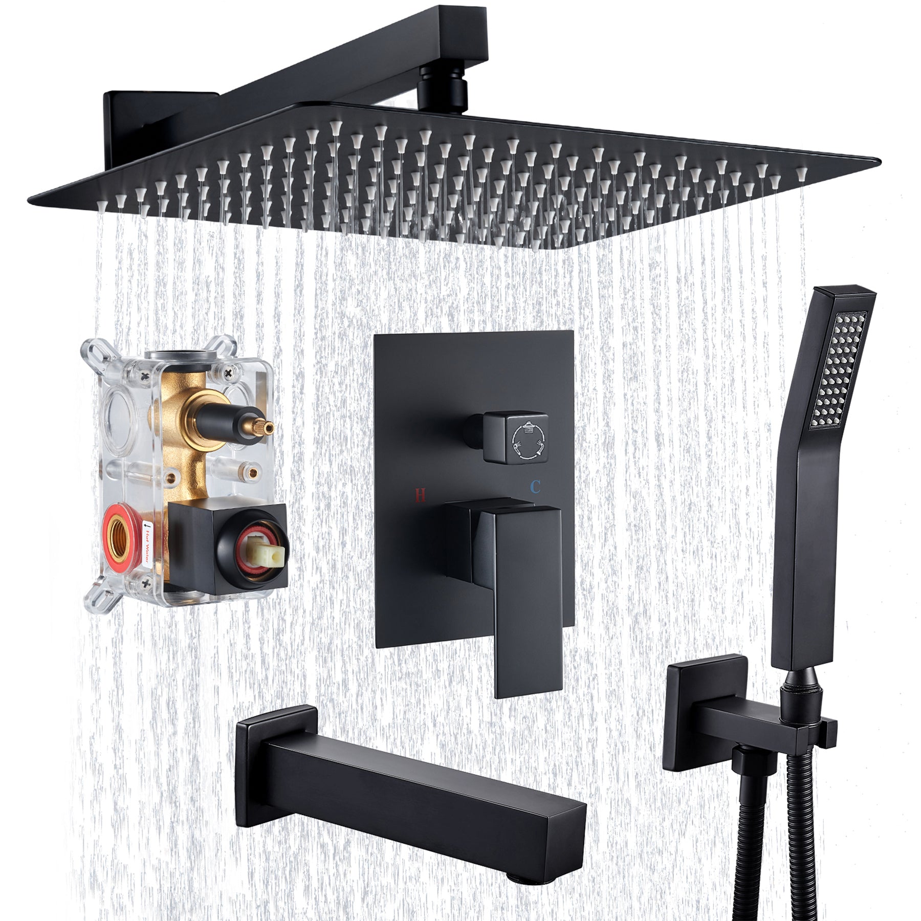 Rain Single Handle 1-Spray Tub Shower Faucet Handheld Combo with Valve 1.8 GPM 12 in. Adjustable shower Head in Black
