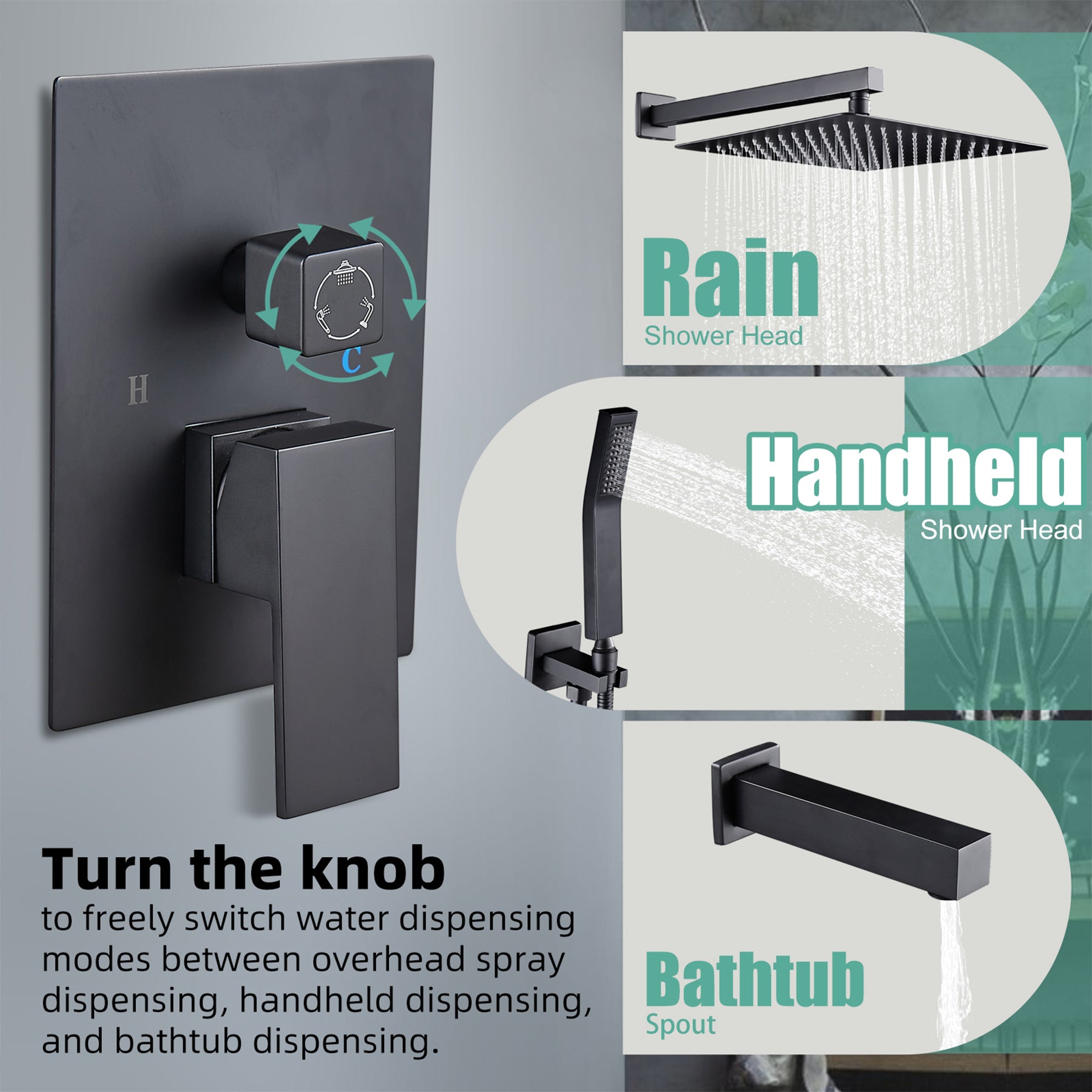 Rain Single Handle 1-Spray Tub Shower Faucet Handheld Combo with Valve 1.8 GPM 12 in. Adjustable shower Head in Black
