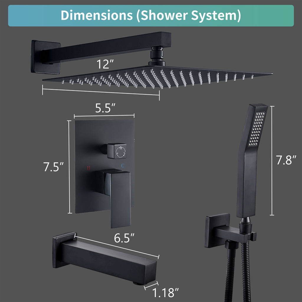 Rain Single Handle 1-Spray Tub Shower Faucet Handheld Combo with Valve 1.8 GPM 12 in. Adjustable shower Head in Black