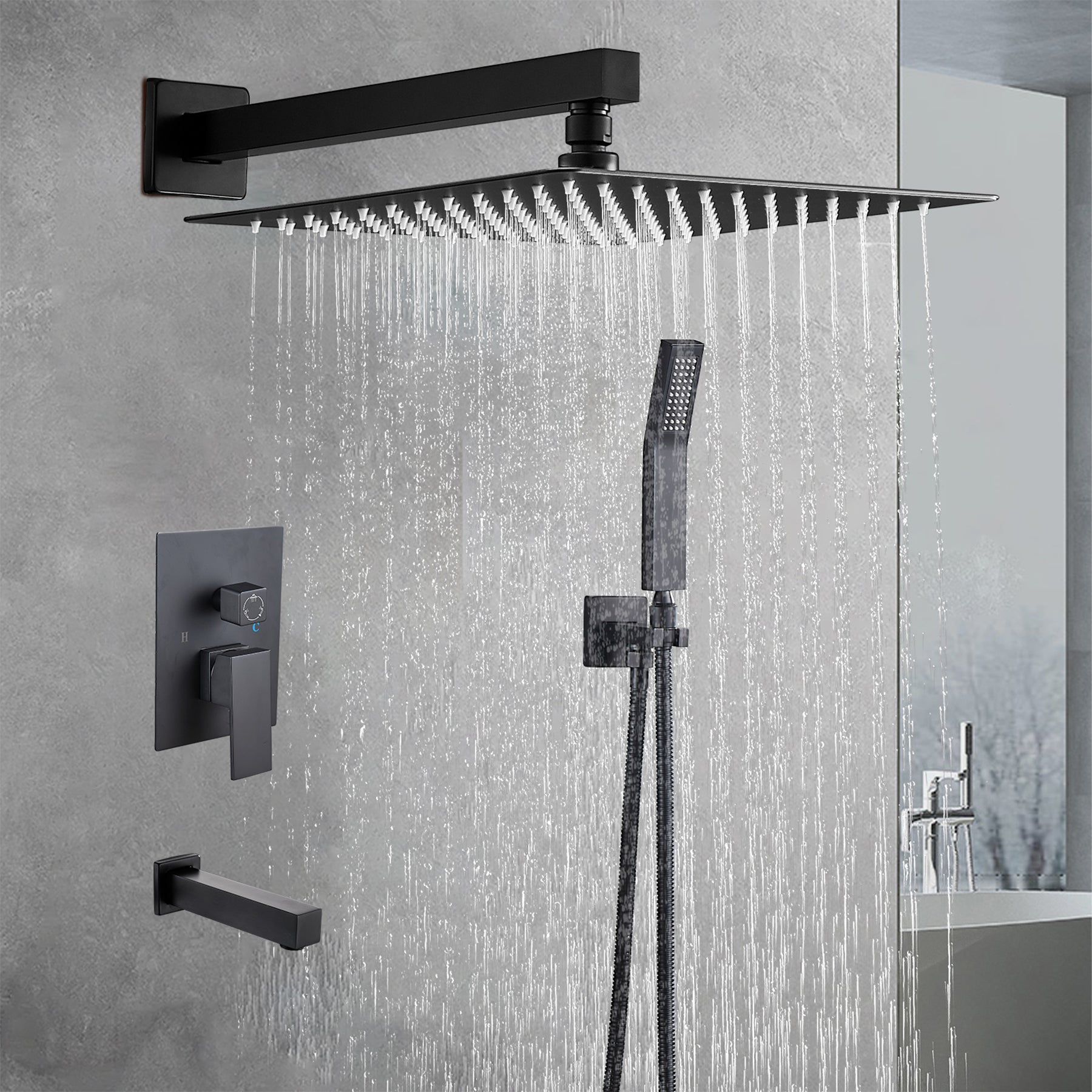 Rain Single Handle 1-Spray Tub Shower Faucet Handheld Combo with Valve 1.8 GPM 12 in. Adjustable shower Head in Black