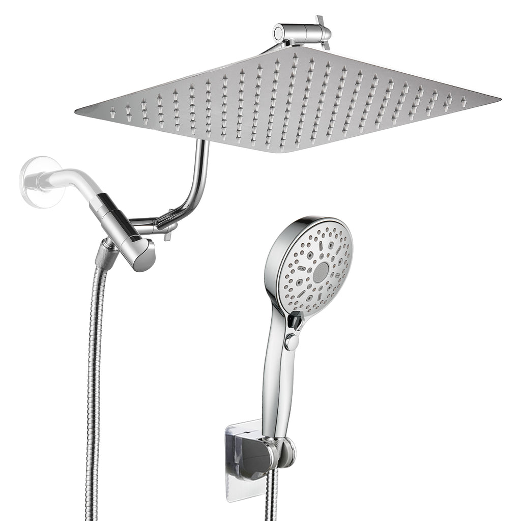 Rainfall Shower Head Combo 12-Spray 12 in. Wall Mount Dual Shower Heads and Handheld Shower Head with 1.8 GPM in Chrome
