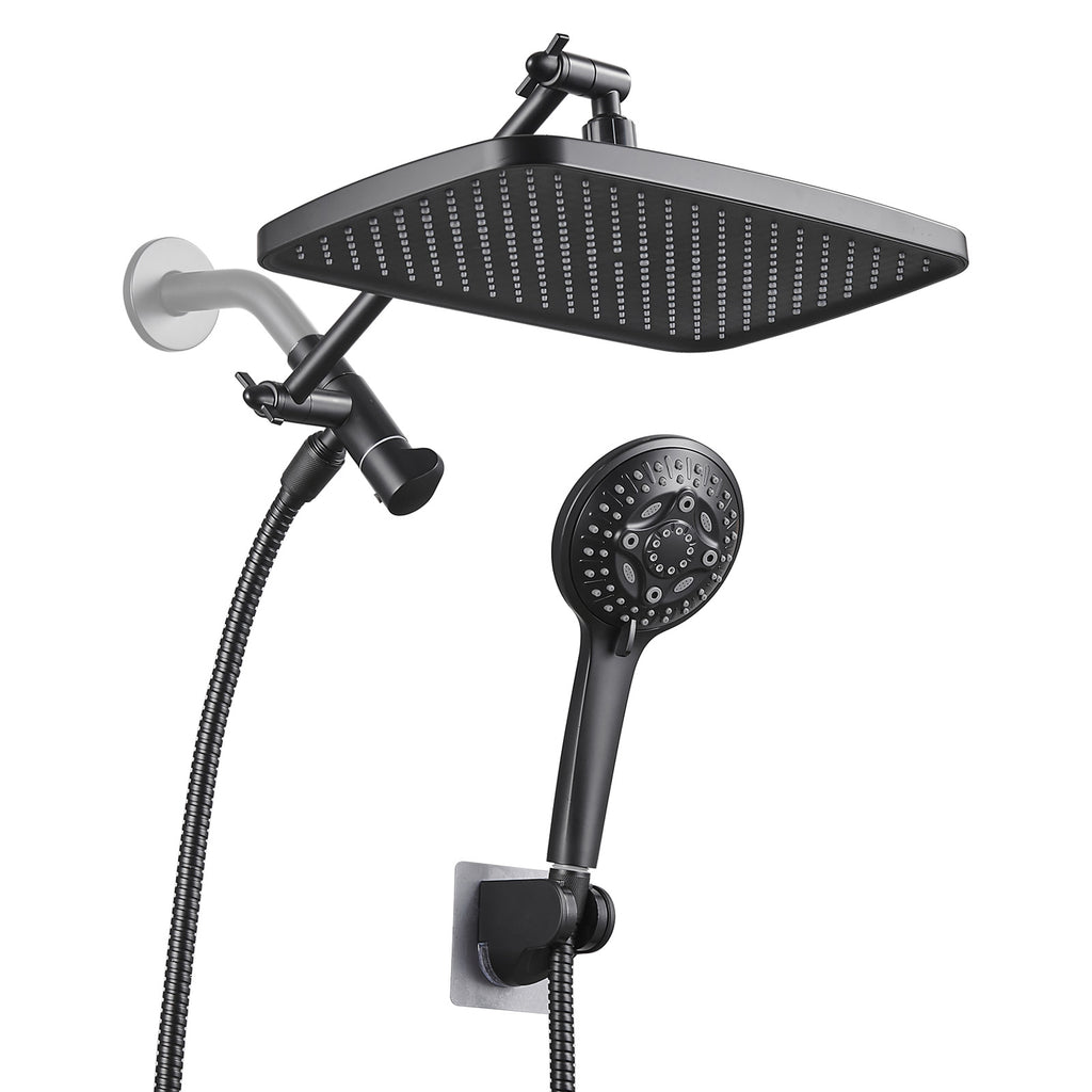 Rainfull 2-in-1 8-Spray Patterns with 1.8 GPM 12 in. Wall Mount Dual Shower Head and Handheld Shower Head in Black