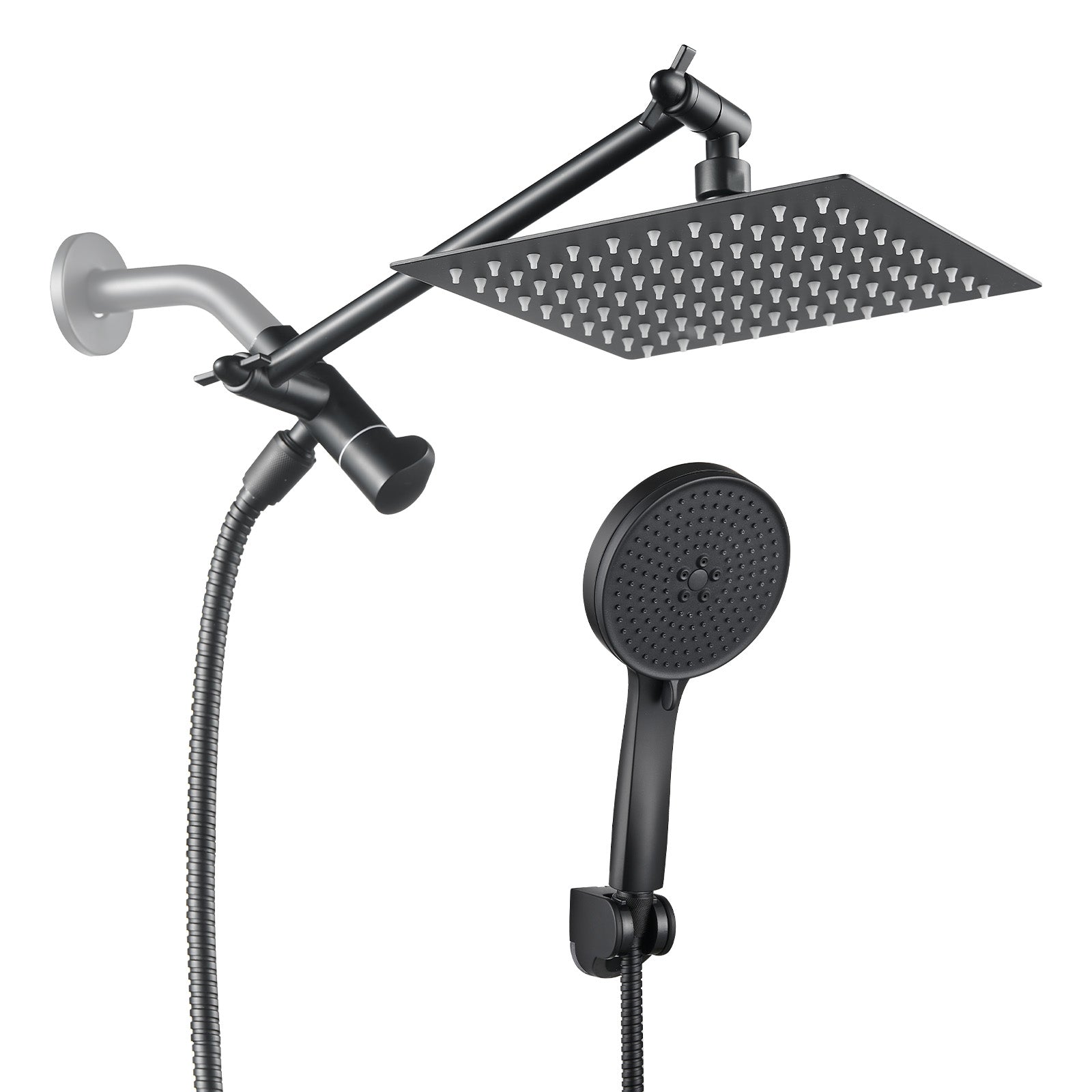 Rainfall Shower Head Combo 5-Spray 8 in. Wall Mount Dual Shower Heads and Handheld Shower Head with 1.8 GPM in Black