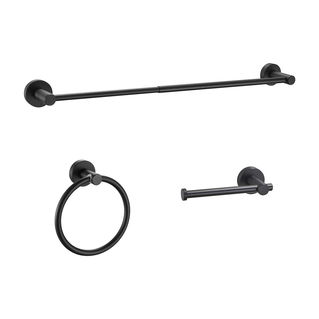Modern 3-Piece Aluminum Bath Hardware Set with Retractable Towel Bar Towel Ring Toilet Paper Holder in Black
