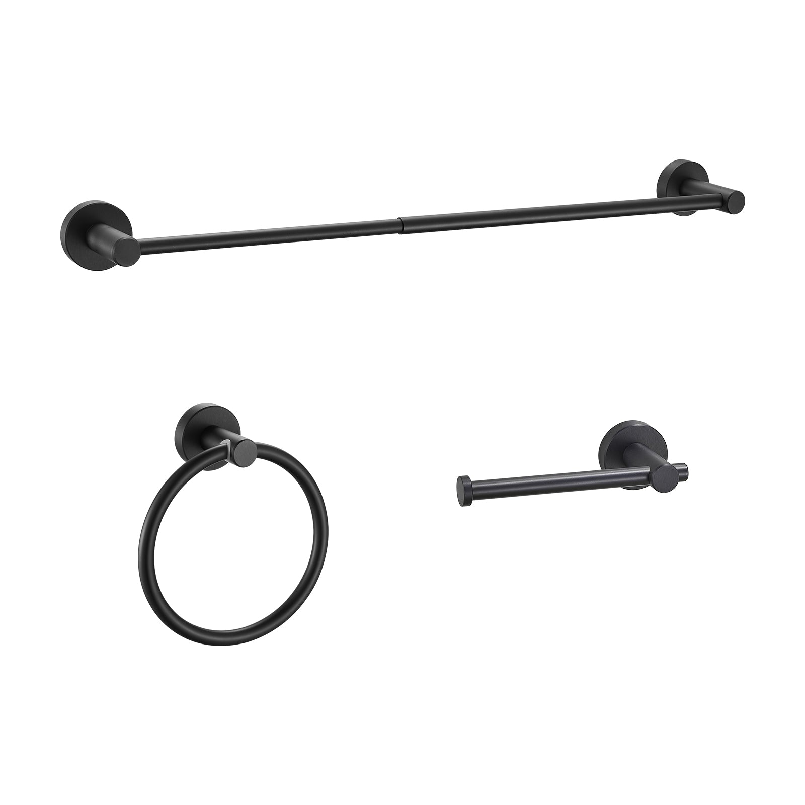 Modern 3-Piece Aluminum Bath Hardware Set with Retractable Towel Bar Towel Ring Toilet Paper Holder in Black