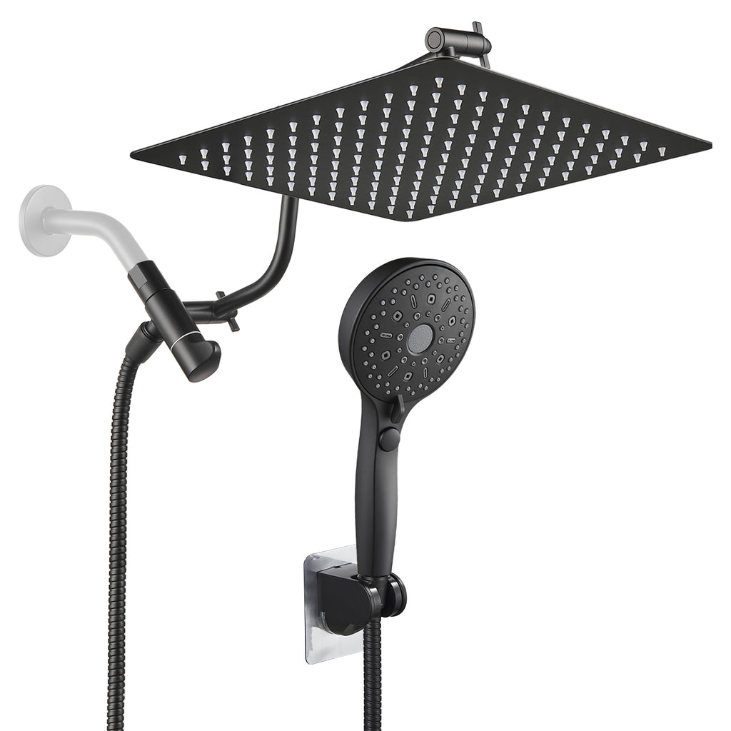 Rainfall Shower Head Combo 12-Spray 12 in. Wall Mount Dual Shower Heads and Handheld Shower Head with 1.8 GPM in Black