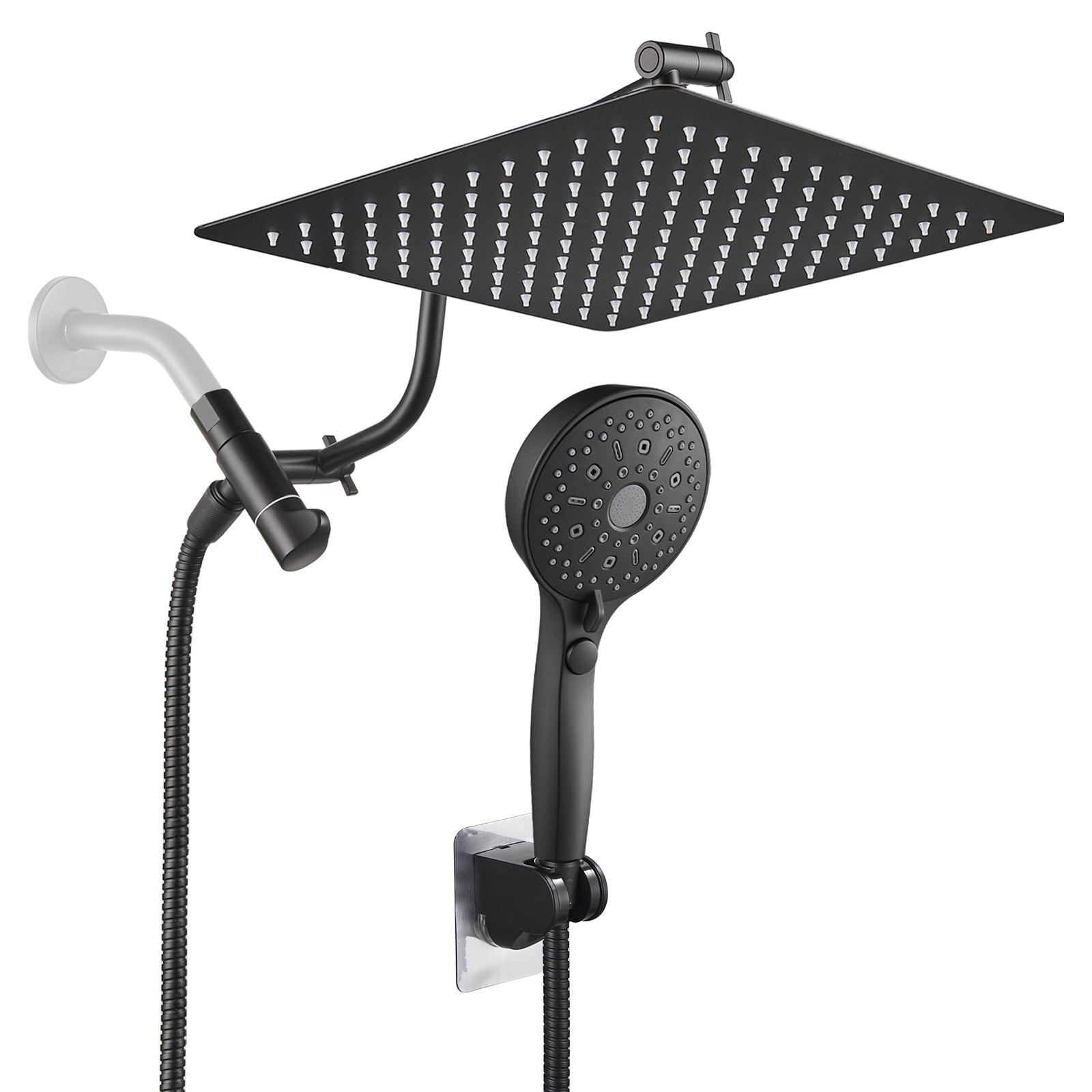 Rainfall Shower Head Combo 12-Spray 12 in. Wall Mount Dual Shower Heads and Handheld Shower Head with 1.8 GPM in Black