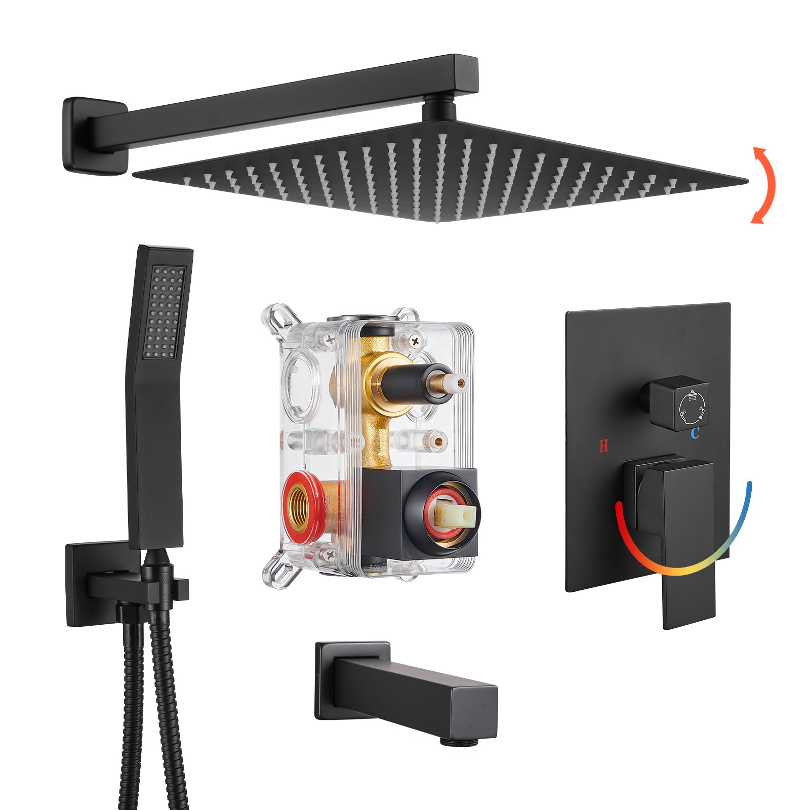 Rain Single Handle 1-Spray Tub Shower Faucet Handheld Combo with Valve 1.8 GPM 12 in. Adjustable shower Head in Black