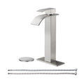 High Arc Waterfall Single Handle Single Hole Bathroom Faucet with Drain Kit Included in Brushed Nickel
