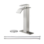High Arc Waterfall Single Handle Single Hole Bathroom Faucet with Drain Kit Included in Brushed Nickel