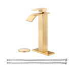 High Arc Waterfall Single Handle Single Hole Bathroom Faucet with Drain Kit Included in Brushed Gold