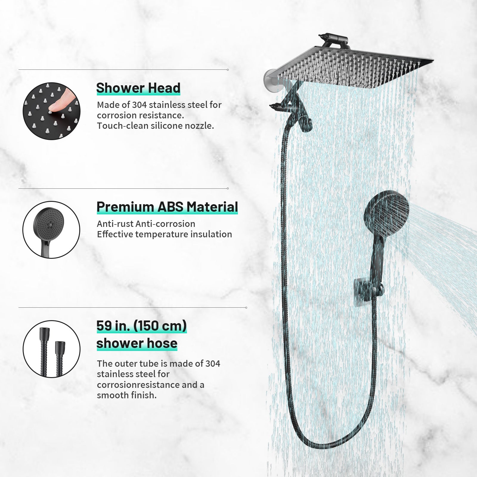 Rainfall Shower Head Combo 5-Spray 8 in. Wall Mount Dual Shower Heads and Handheld Shower Head with 1.8 GPM in Black