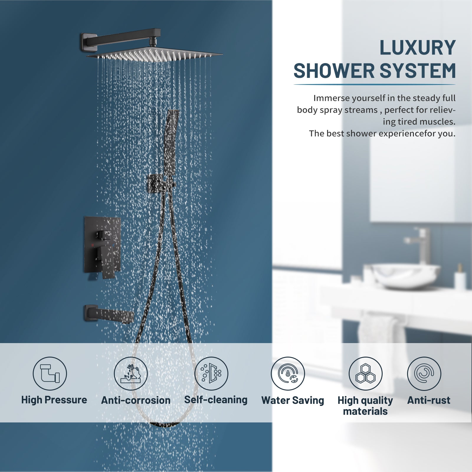 Rain Single Handle 1-Spray Tub Shower Faucet Handheld Combo with Valve 1.8 GPM 12 in. Adjustable shower Head in Black