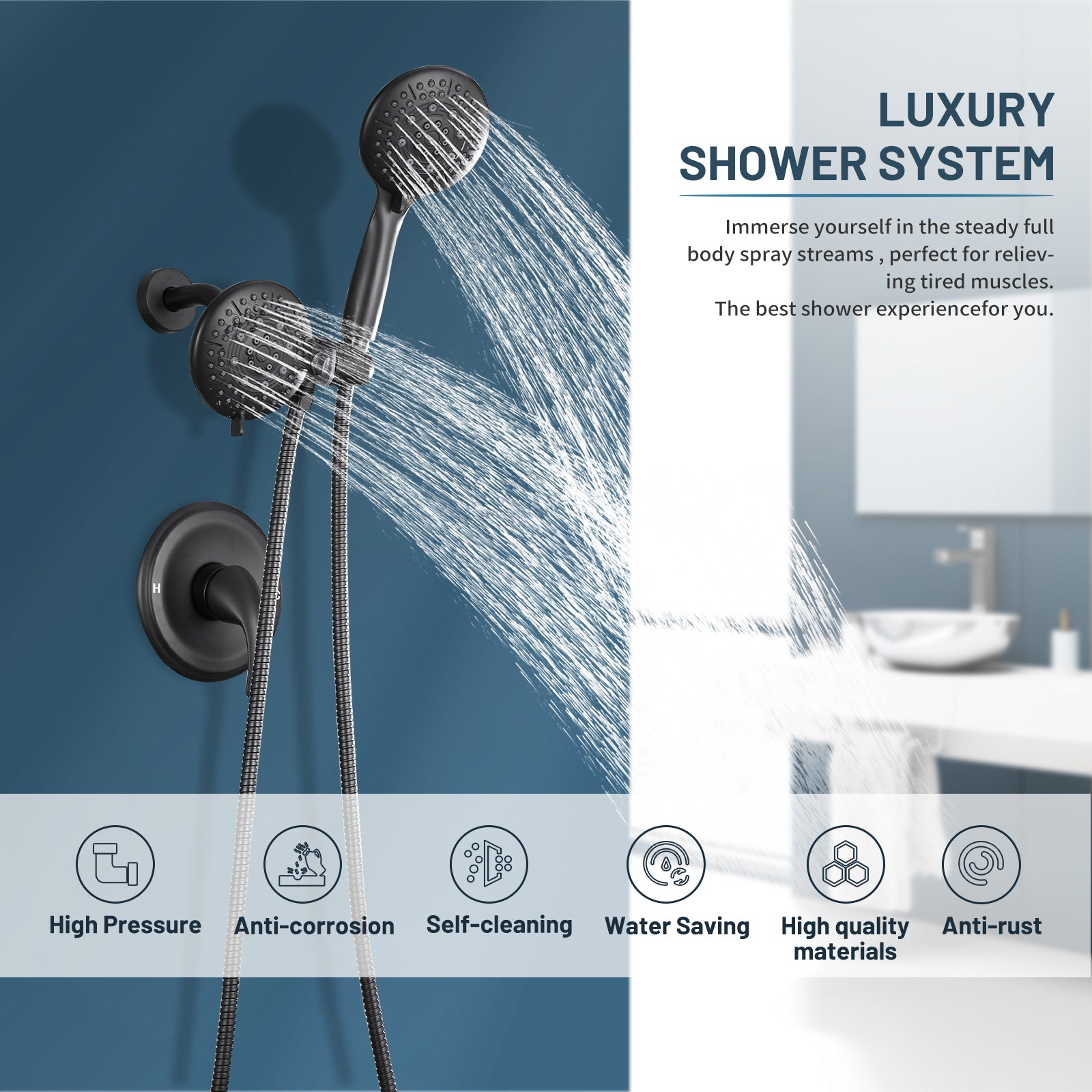 Rain Single Handle 5-Spray Tub Shower Faucet Handheld Combo with Valve 1.8 GPM Adjustable Dual shower Heads in Black