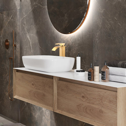 High Arc Waterfall Single Handle Single Hole Bathroom Faucet with Drain Kit Included in Brushed Gold