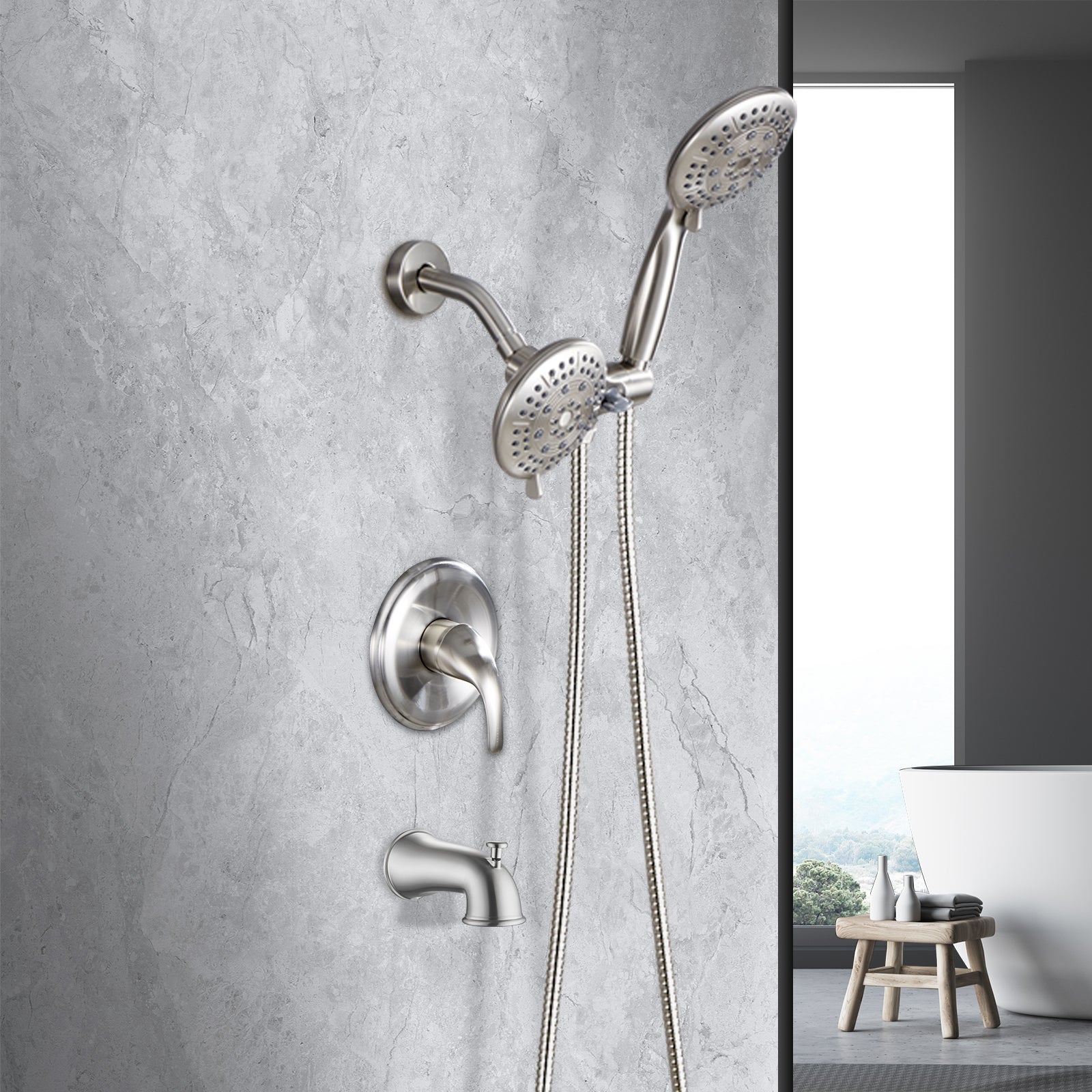 Rain Single Handle 5-Spray Tub Shower Faucet Handheld Combo with Valve 1.8 GPM Adjustable shower Head in Brushed Nicke