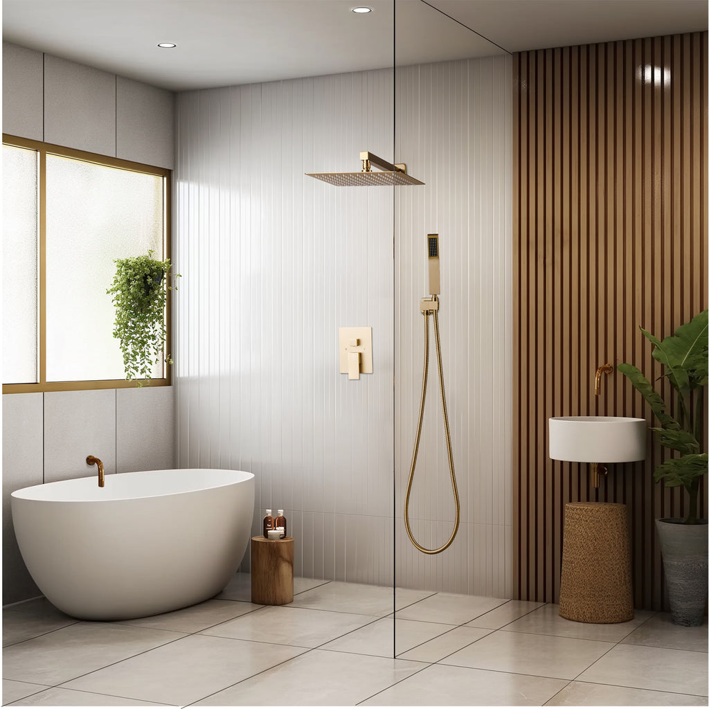 12 " Rain Single Handle 1-Spray Shower Faucet Kit Handheld Combo with Valve 1.8 GPM Adjustable Dual Shower Heads in Gold