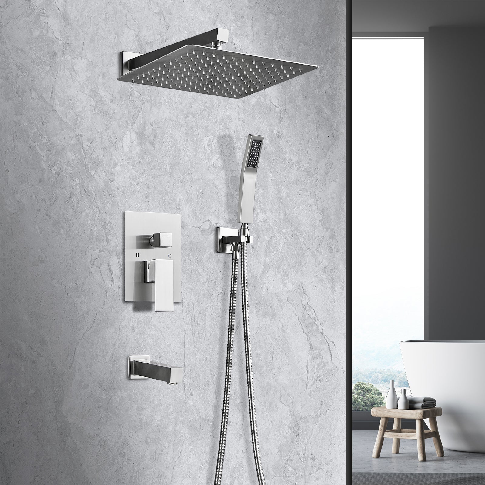 Rain Single Handle 1-Spray Tub Shower Faucet 2.5 GPM Handheld Combo with Valve 10 in. Pressure Balance in Brushed Nickel