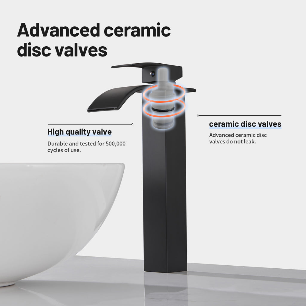 High Arc Waterfall Single Handle Single Hole Bathroom Faucet with Drain Kit Included in Black