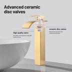 High Arc Waterfall Single Handle Single Hole Bathroom Faucet with Drain Kit Included in Brushed Gold