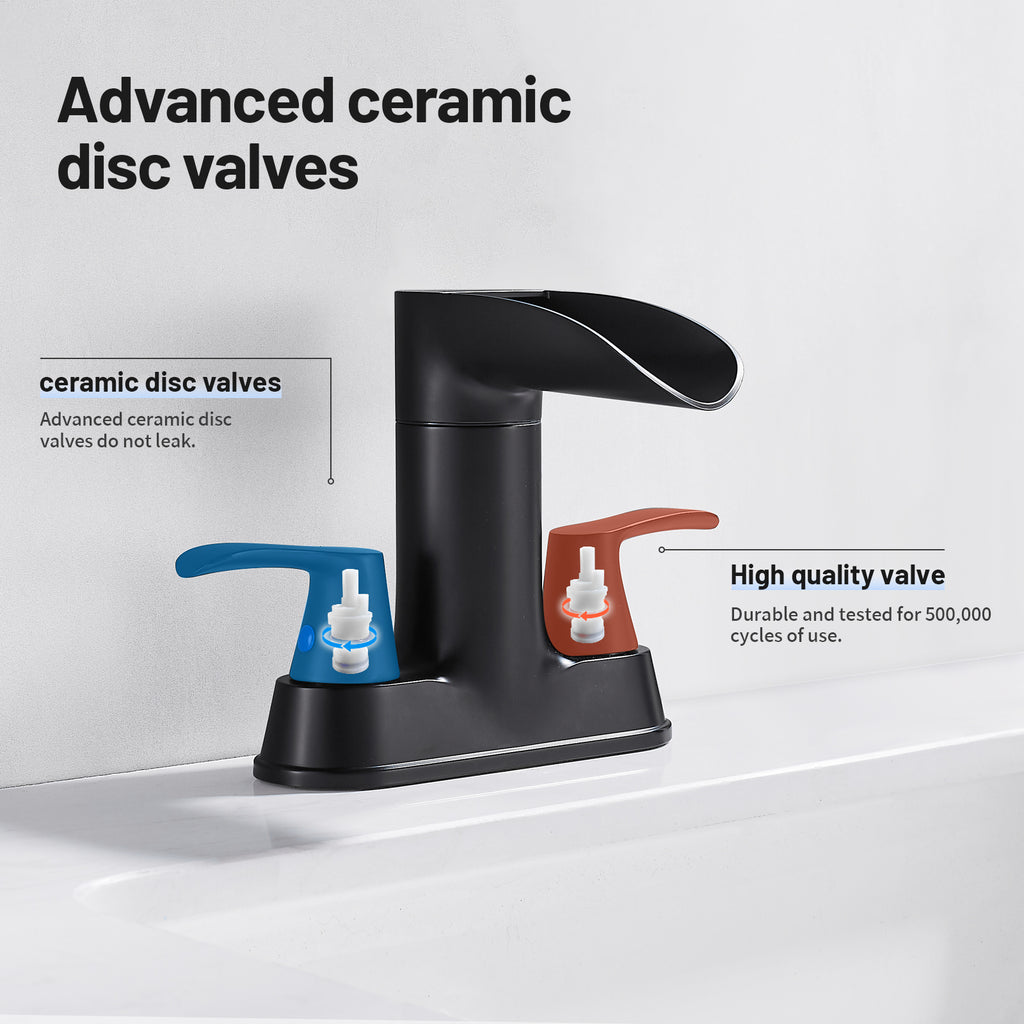 Rotatable 4 in. Centerset Double Bathroom Faucet with Drain kit Included Waterfall Lavatory in Matte Black