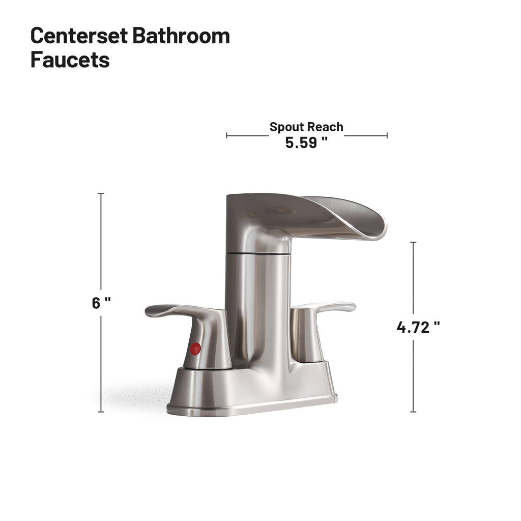 Rotatable 4 in. Centerset Double Bathroom Faucet with Drain kit Included Waterfall Lavatory in Brushed Nickel