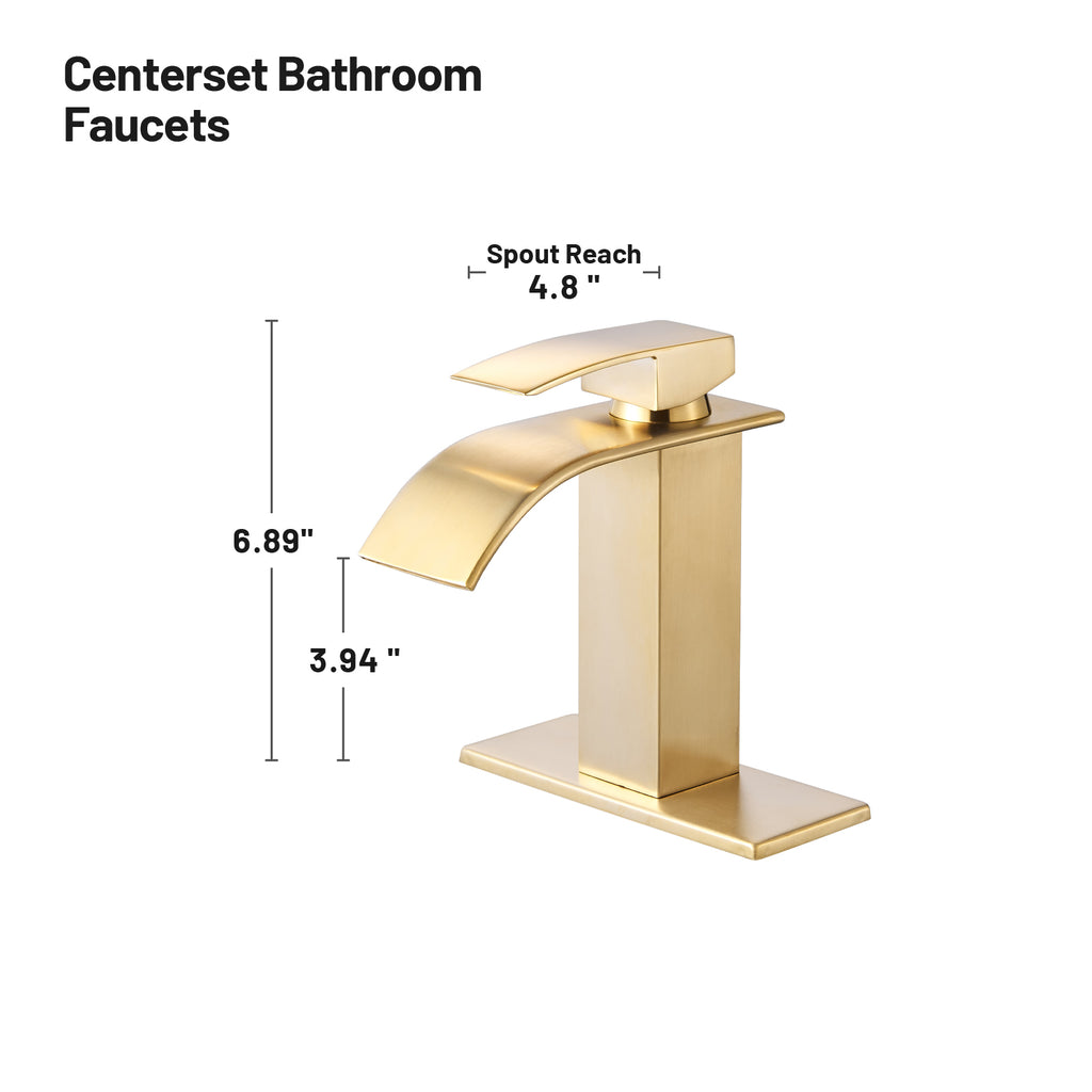 Arc Waterfall Single Handle Single Hole Bathroom Faucet with Drain Kit Included in Brushed Gold