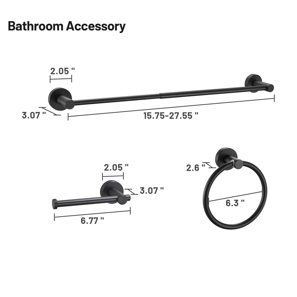 Modern 3-Piece Aluminum Bath Hardware Set with Retractable Towel Bar Towel Ring Toilet Paper Holder in Black