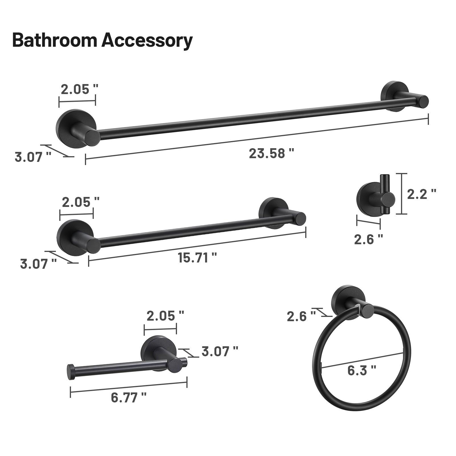 Modern 6-Pieces Aluminum Bath Hardware Set with Towel Ring Toilet Paper Holder Towel Hook and Towel Bar in Black