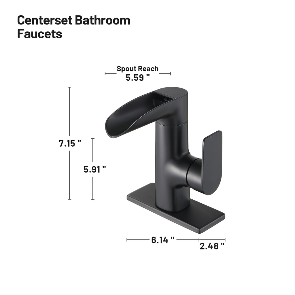 Waterfall Single Handle Single Hole Low Arc Bathroom Faucet With Metal Pop Up Drain Assembly Sink Faucet in Matte Black