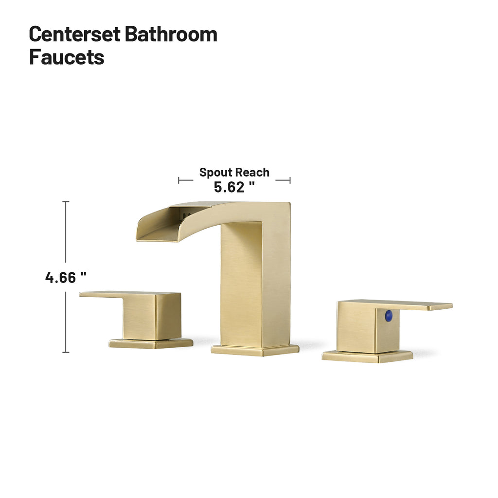 Waterfall Spout 304 stainless steel 8 in. Widespread Double Handle Bathroom Faucet with Drain Kit Included in Gold