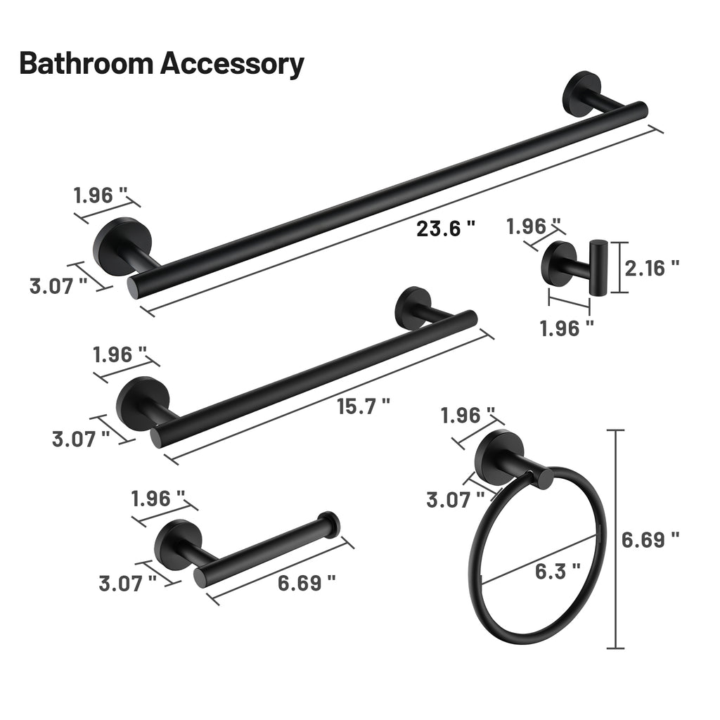 Modern 6-Pieces Stainless Steel Bath Hardware Set with Towel Ring Toilet Paper Holder Towel Hook and Towel Bar in Black