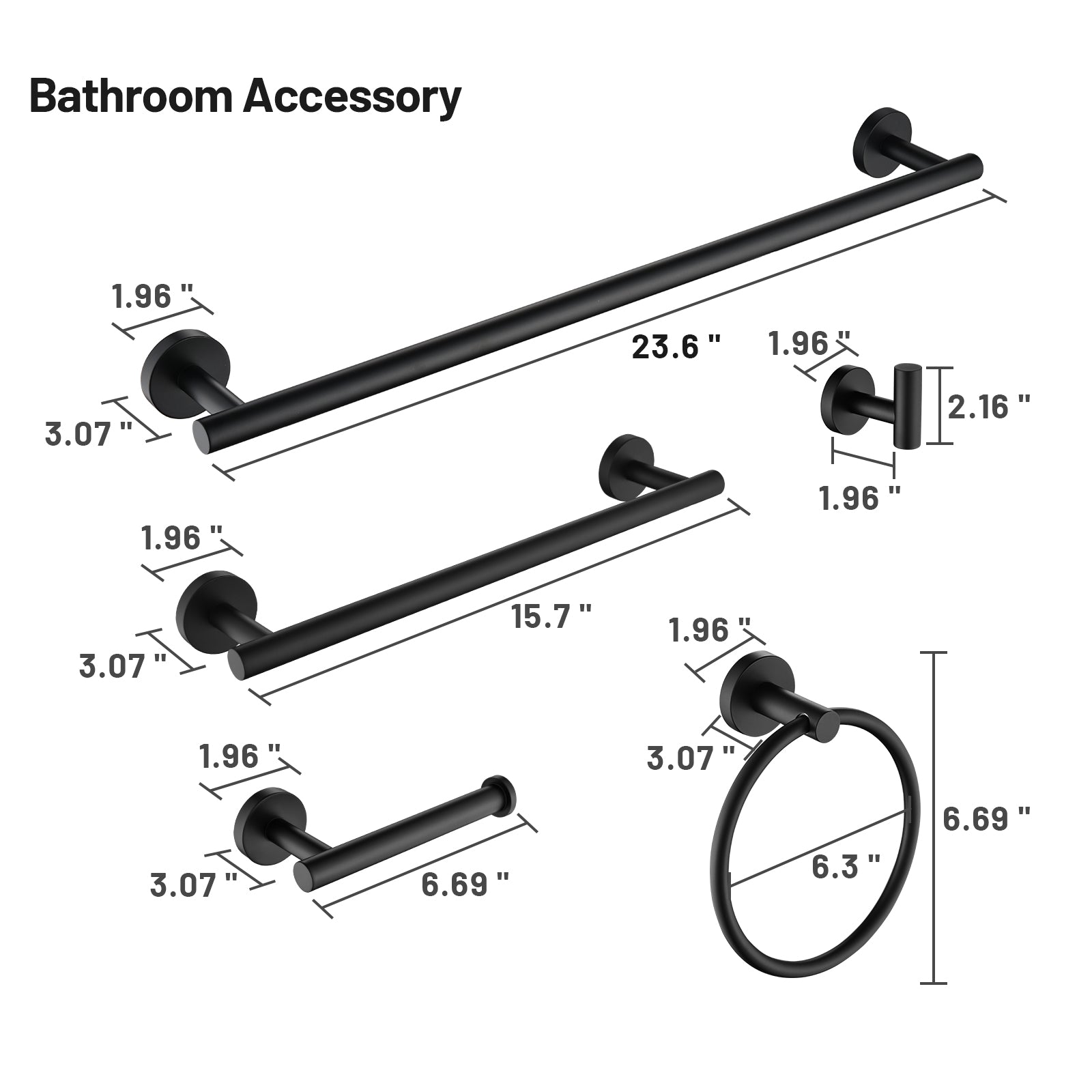 Modern 6-Pieces Stainless Steel Bath Hardware Set with Towel Ring Toilet Paper Holder Towel Hook and Towel Bar in Black