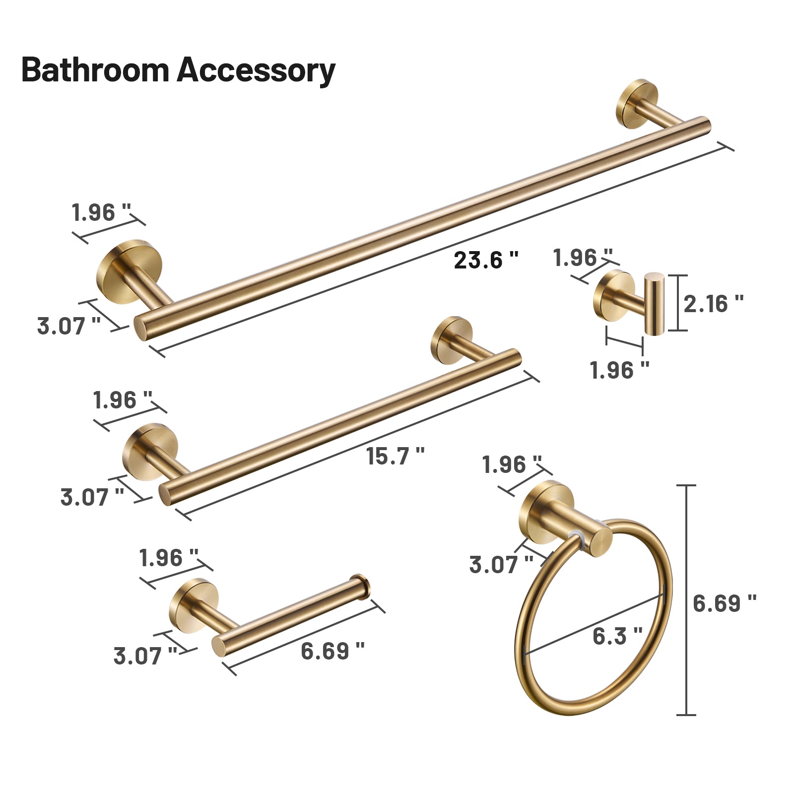 Modern 6-Pieces Stainless Steel Bath Hardware Set with Towel Ring Toilet Paper Holder Towel Hook and Towel Bar in Gold