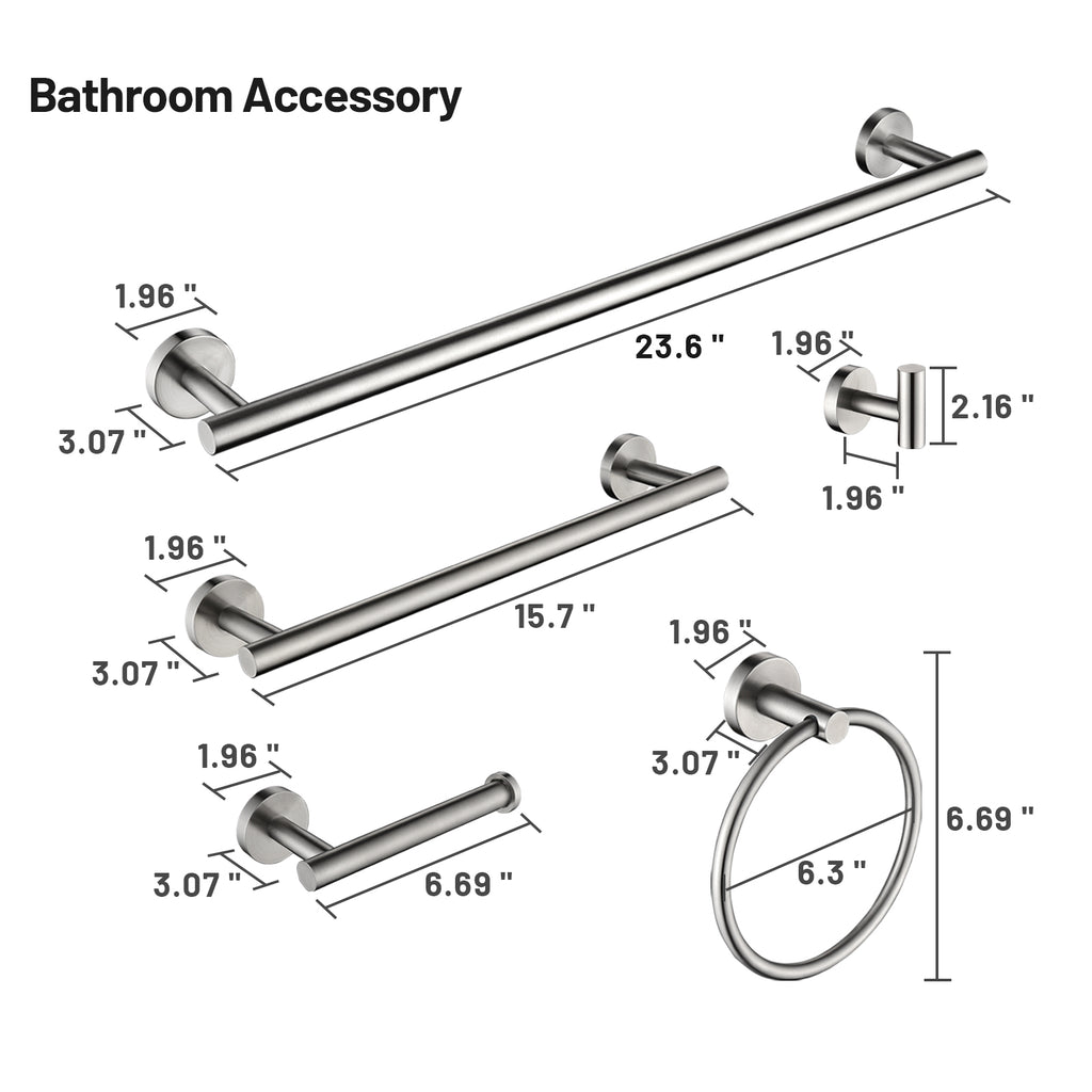 Modern 6-Pieces Bath Hardware Set with Towel Ring Toilet Paper Holder Towel Hook and Towel Bar in Brushed Nickel