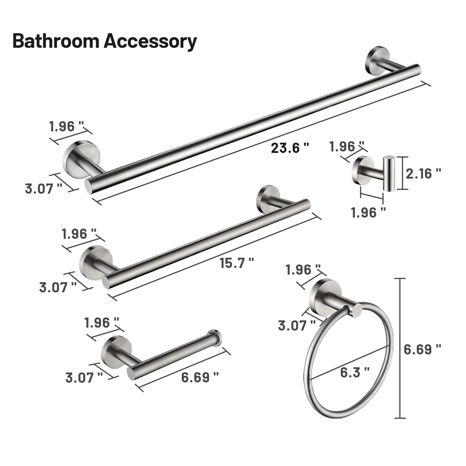 Modern 6-Pieces Bath Hardware Set with Towel Ring Toilet Paper Holder Towel Hook and Towel Bar in Brushed Nickel
