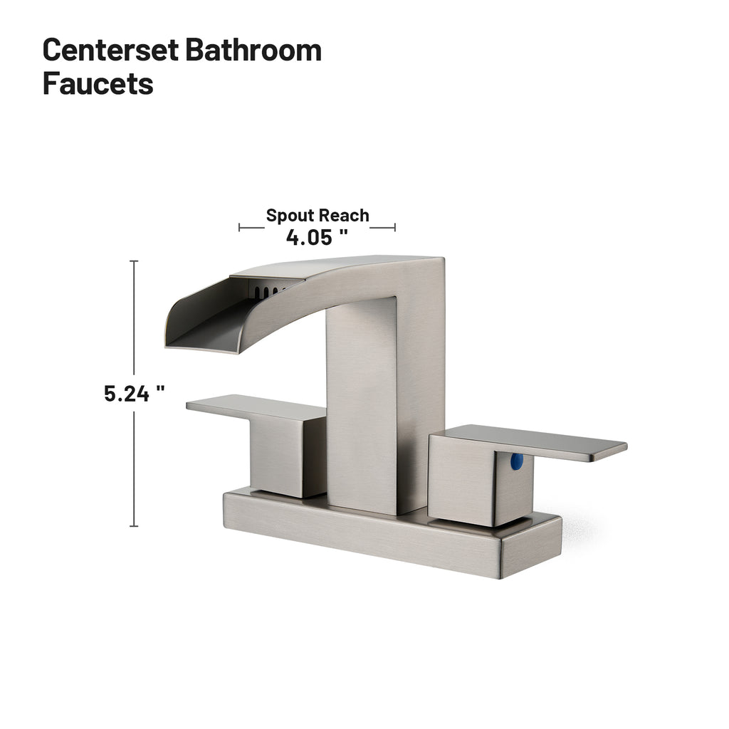 Waterfall 304 stainless steel 4 in. Centerset Double Handle Bathroom Faucet with Drain Kit Included in Brushed Nickel