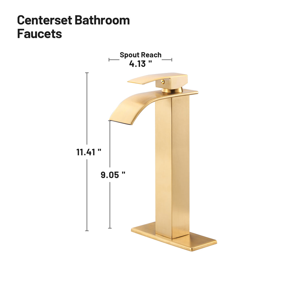 High Arc Waterfall Single Handle Single Hole Bathroom Faucet with Drain Kit Included in Brushed Gold